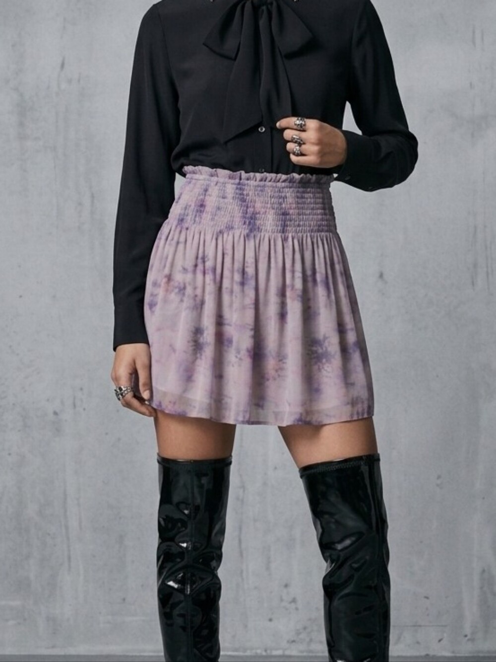 IRO Paris Watercolor Printed Smocked Mini Skirt Lilac Purple Viscose Sz 34 US 2